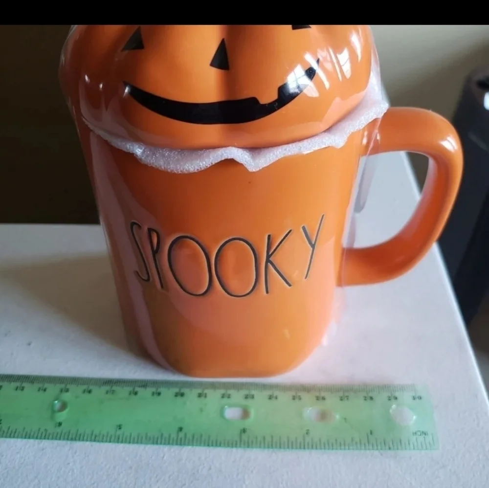 Rae Dunn SPOOKY Mug with PUMPKIN Topper - Halloween Coffee cup - ORANGE - Cerami